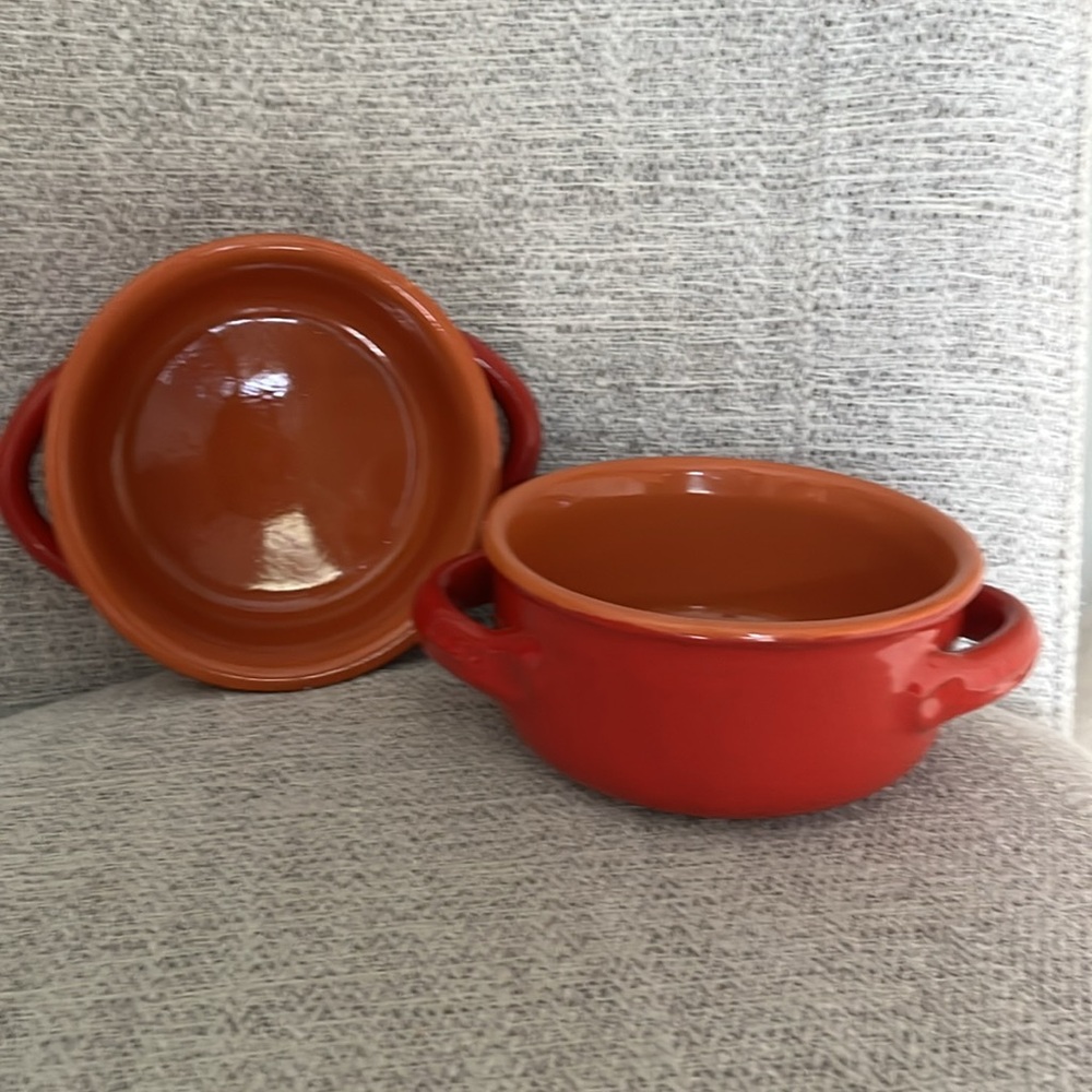 2 DeSilva terra cotta glazed red soup casserole baking bowls with handles 5” NEW